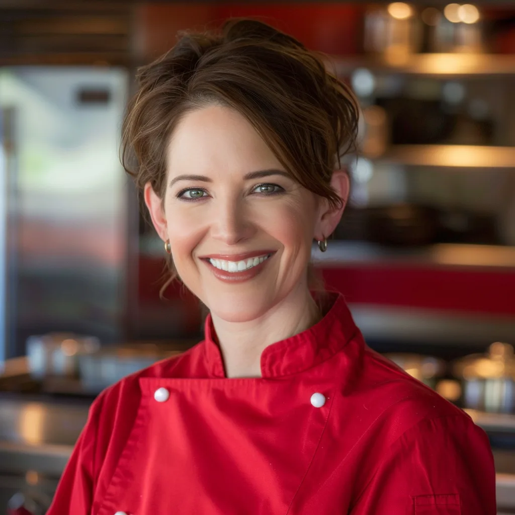 About me 1 Smiling woman in a red chef’s coat standing in a modern kitchen